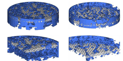 The image shows a 3-dimensional illustration of POCS with a Kelvin or diamond unit cell and the liquid holdup in the structures