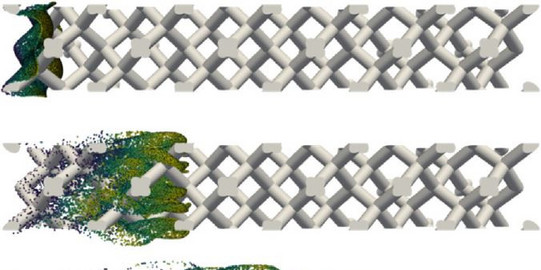 Representative image illustrating the content of the paper “Development and Evaluation of a New Particle Tracking Solver for Hydrodynamic and Mass Transport Characterization of Porous Media – A Case Study on Periodic Open Cellular Structures”