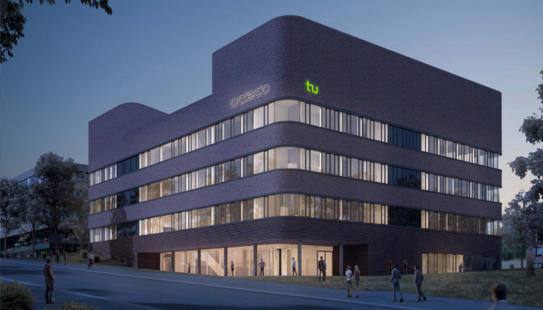 Bild vom Forschungsneubau CALEDO am Abend