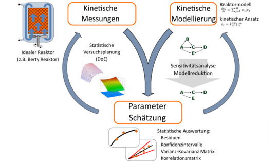 Schematische Darstellung des Zusammenhangs zwischen kinetischen Messungen, der kinetischen Modellierung und der Parameterschätzung