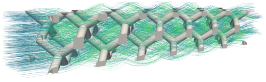 Bild von Strömungslinien innerhalb einer POCS, welche mittels CFD-Simulation erzeugt wurden